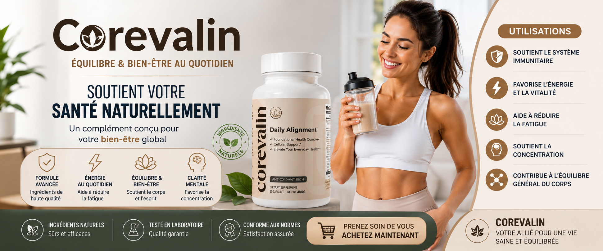 Femme active utilisant Corevalin pour son énergie quotidienne